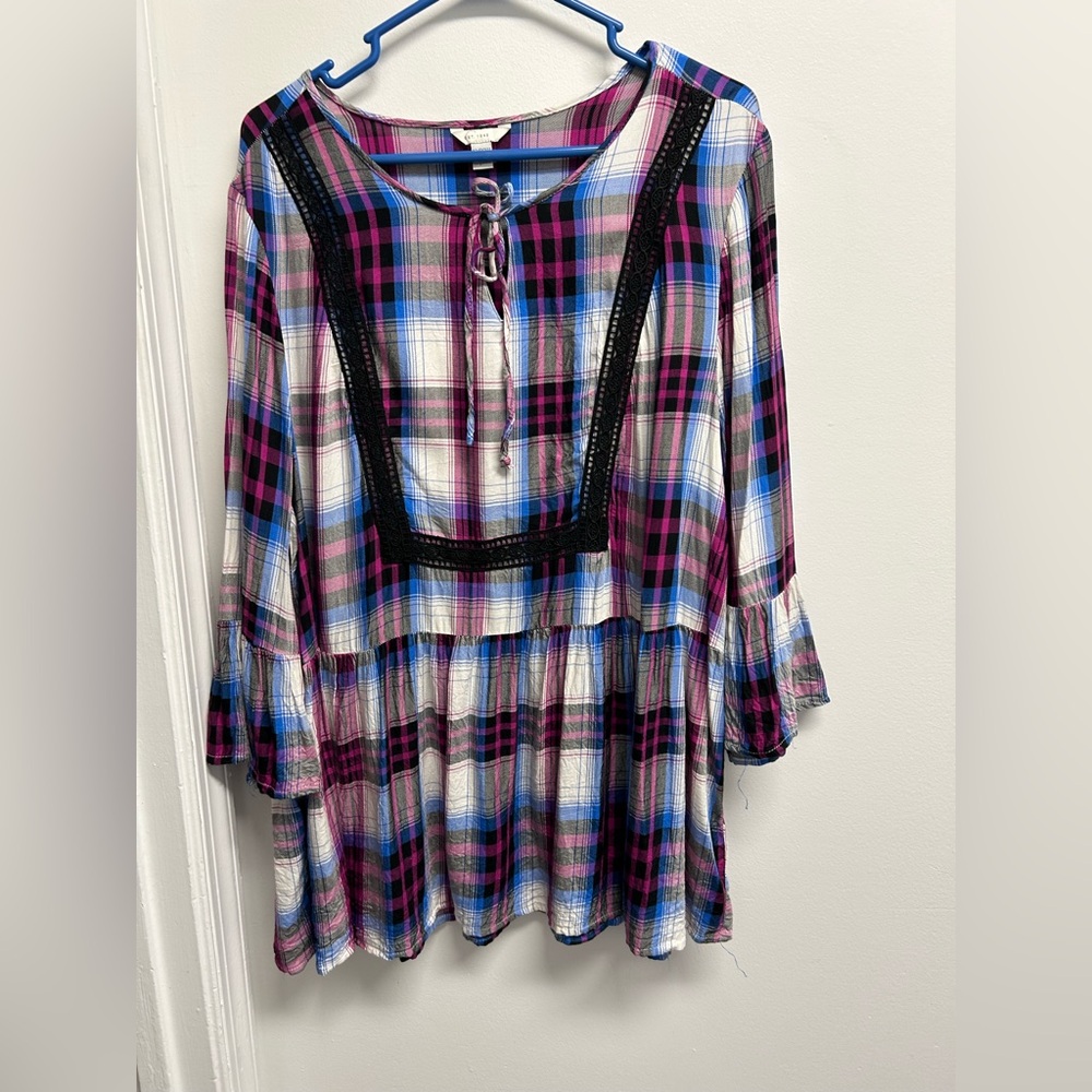 Plaid Women's Top with Lace Detail